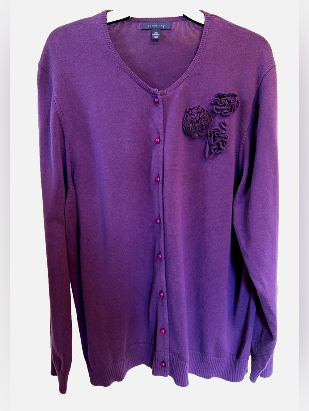 Lands’ End Supima Cotton Cardigan 2X Purple Floral Applique Sweater